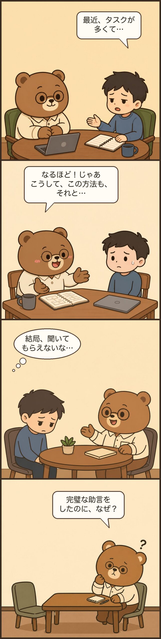 コードで吹き出しと日本語を後描画して仕上げた4コマの実例。キャラと背景はgpt-image-2で生成し、セリフとトゲはPillowで描画している