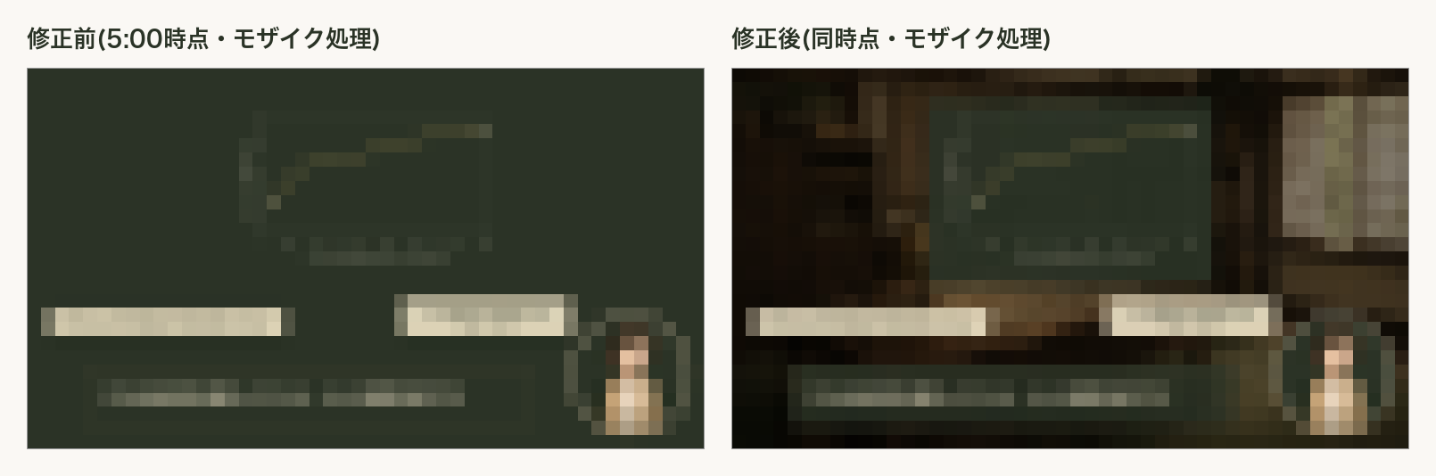 修正前は単色背景にチャートが浮かぶだけ、修正後は背景イラストの上にチャートパネルが載っている。同時点フレームのモザイク比較